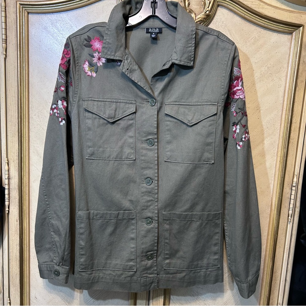 a.n.a Olive Green Pink Floral Embroidered Utility Button Front Jacket NEW NWT